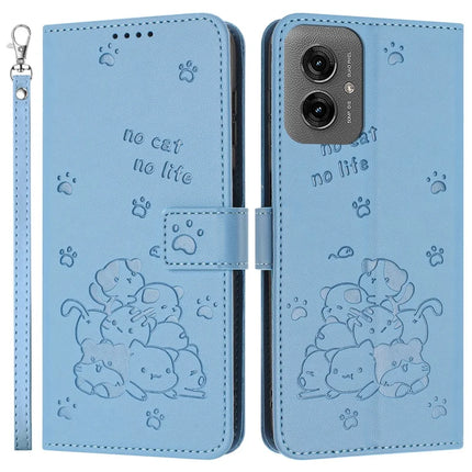For Motorola Moto G55 5G Case with Strap Cats Imprint Leather Wallet Phone Cover - Blue