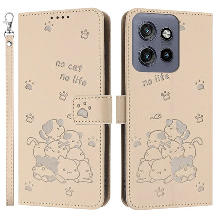 For Motorola Edge 50 Neo 5G / Moto S50 5G / Thinkphone 25 5G Case with Strap Cats Imprint Leather Wallet Phone Cover - Beige