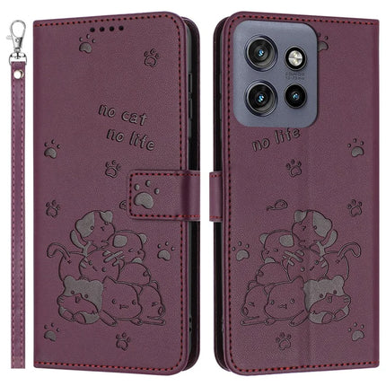 For Motorola Edge 50 Neo 5G / Moto S50 5G / Thinkphone 25 5G Case with Strap Cats Imprint Leather Wallet Phone Cover - Wine Red