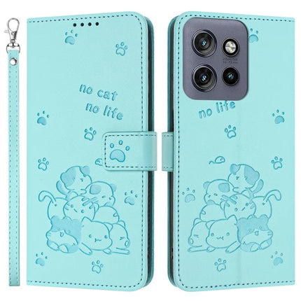 For Motorola Edge 50 Neo 5G / Moto S50 5G / Thinkphone 25 5G Case with Strap Cats Imprint Leather Wallet Phone Cover - Green