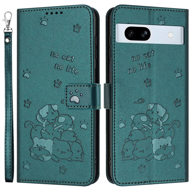 For Google Pixel 7a Case with Strap Cats Imprint Leather Wallet Phone Cover - Blackish Green