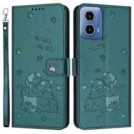 For Motorola Moto G35 5G Case with Strap Cats Imprint Leather Wallet Phone Cover - Blackish Green
