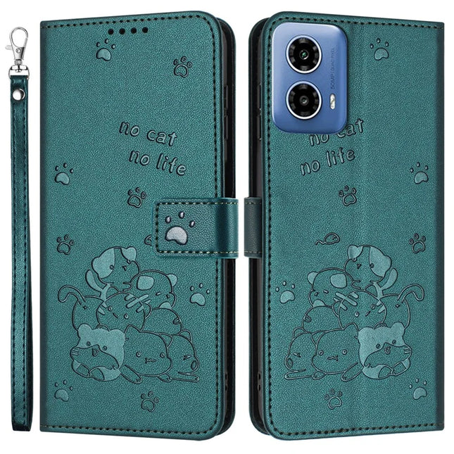 For Motorola Moto G35 5G Case with Strap Cats Imprint Leather Wallet Phone Cover - Blackish Green