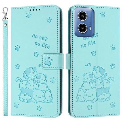 For Motorola Moto G35 5G Case with Strap Cats Imprint Leather Wallet Phone Cover - Green