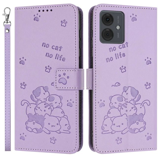 Leather Case for Motorola Moto G64 5G / G54 Power 5G / G54 5G / G14 4G Cats Imprint Leather Wallet Phone Cover with Strap - Purple