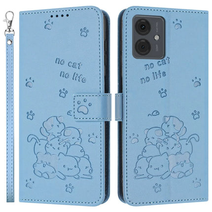 Leather Case for Motorola Moto G64 5G / G54 Power 5G / G54 5G / G14 4G Cats Imprint Leather Wallet Phone Cover with Strap - Blue