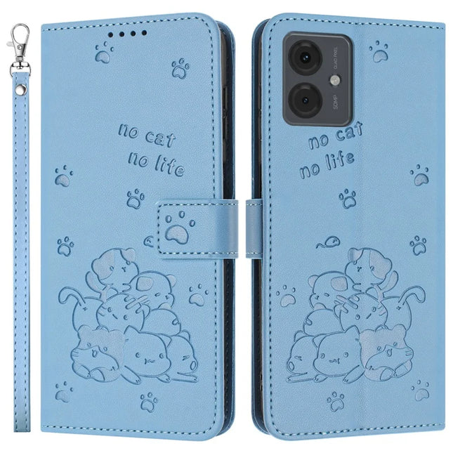 Leather Case for Motorola Moto G64 5G / G54 Power 5G / G54 5G / G14 4G Cats Imprint Leather Wallet Phone Cover with Strap - Blue