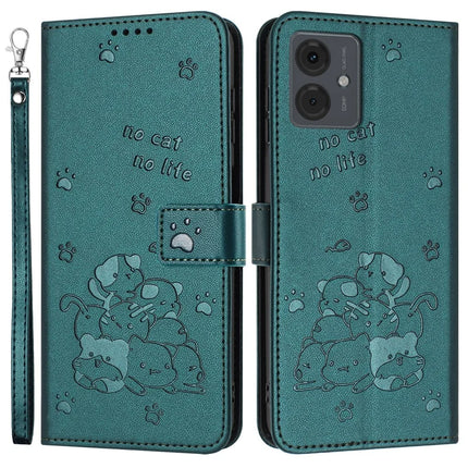 Leather Case for Motorola Moto G64 5G / G54 Power 5G / G54 5G / G14 4G Cats Imprint Leather Wallet Phone Cover with Strap - Blackish Green