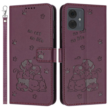 Leather Case for Motorola Moto G64 5G / G54 Power 5G / G54 5G / G14 4G Cats Imprint Leather Wallet Phone Cover with Strap - Wine Red