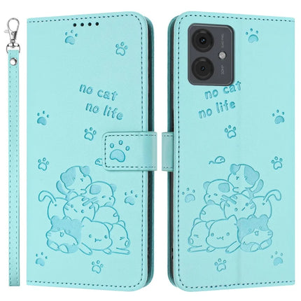 Leather Case for Motorola Moto G64 5G / G54 Power 5G / G54 5G / G14 4G Cats Imprint Leather Wallet Phone Cover with Strap - Green