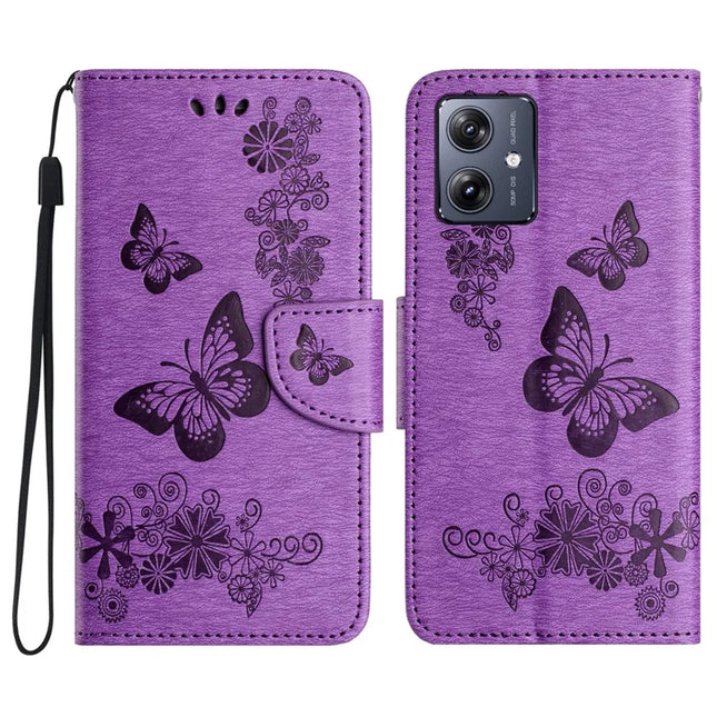 For Motorola Moto G55 5G Case Butterflies Flower Leather Wallet Flip Phone Cover - Purple