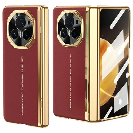 For Honor Magic V3 5G Case PU Leather+PC Electroplating Phone Cover with Tempered Glass Screen Film - Red