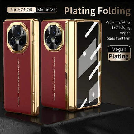 For Honor Magic V3 5G Case PU Leather+PC Electroplating Phone Cover with Tempered Glass Screen Film