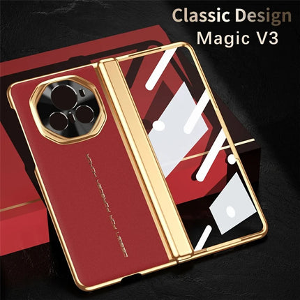 For Honor Magic V3 5G Case PU Leather+PC Electroplating Phone Cover with Tempered Glass Screen Film