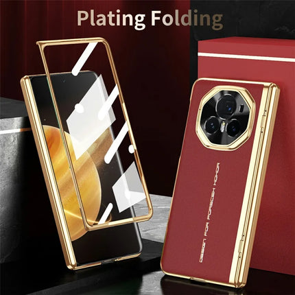 For Honor Magic V3 5G Case PU Leather+PC Electroplating Phone Cover with Tempered Glass Screen Film