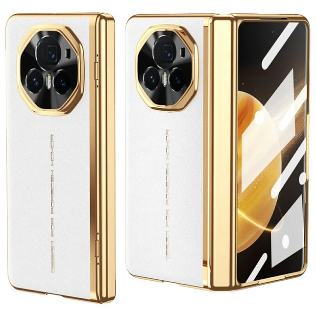 For Honor Magic V3 5G Case PU Leather+PC Electroplating Phone Cover with Tempered Glass Screen Film - White