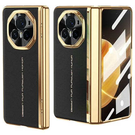 For Honor Magic V3 5G Case PU Leather+PC Electroplating Phone Cover with Tempered Glass Screen Film - Black