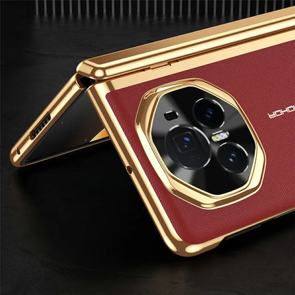 For Honor Magic V3 5G Case PU Leather+PC Electroplating Phone Cover with Tempered Glass Screen Film
