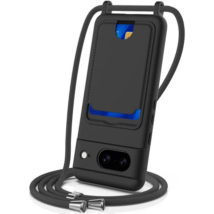 For Google Pixel 8 Case Liquid Silicone Card Holder Phone Back Cover with Lanyard - Black