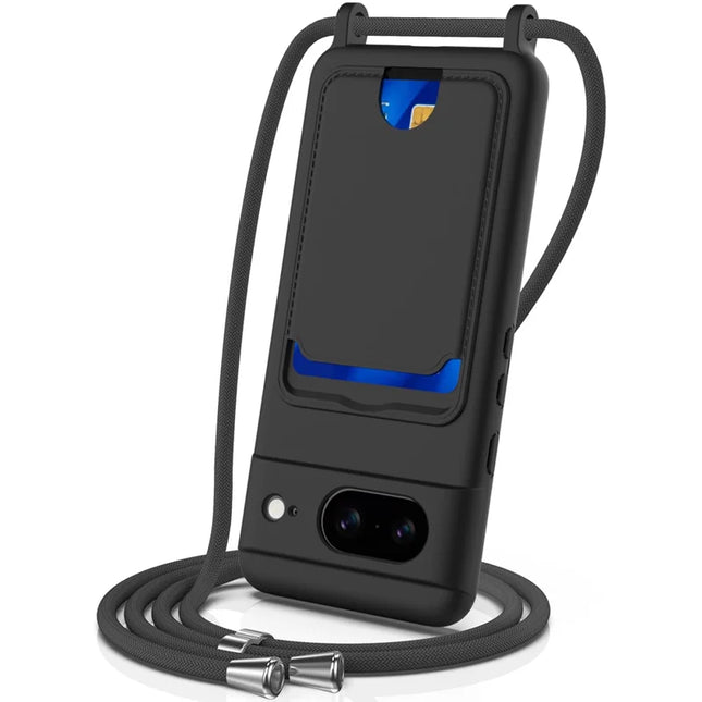For Google Pixel 8 Case Liquid Silicone Card Holder Phone Back Cover with Lanyard - Black