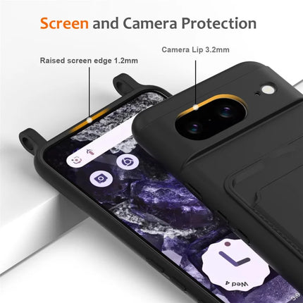 For Google Pixel 8 Case Liquid Silicone Card Holder Phone Back Cover with Lanyard