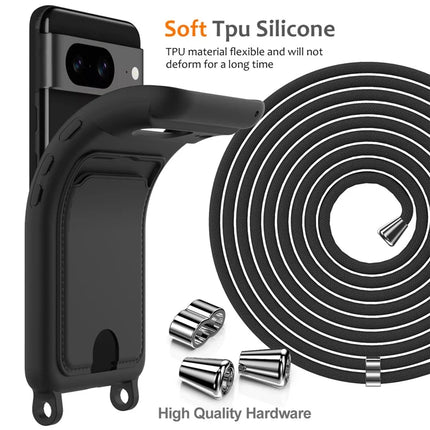For Google Pixel 8 Case Liquid Silicone Card Holder Phone Back Cover with Lanyard