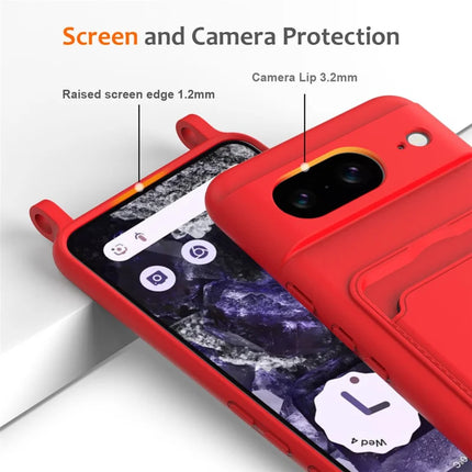 For Google Pixel 8 Case Liquid Silicone Card Holder Phone Back Cover with Lanyard