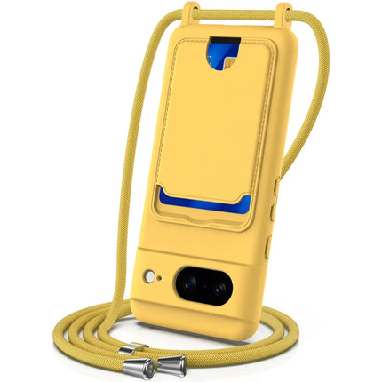 For Google Pixel 8 Case Liquid Silicone Card Holder Phone Back Cover with Lanyard - Yellow