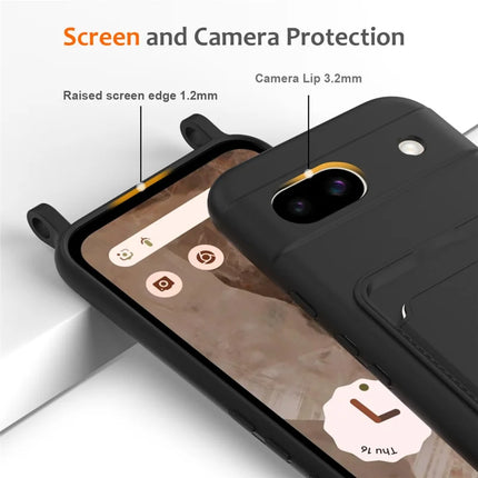 For Google Pixel 8a Case Liquid Silicone Card Holder Phone Back Cover with Lanyard