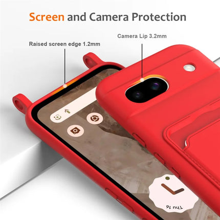 For Google Pixel 8a Case Liquid Silicone Card Holder Phone Back Cover with Lanyard