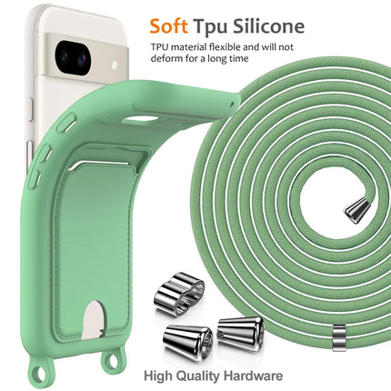 For Google Pixel 8a Case Liquid Silicone Card Holder Phone Back Cover with Lanyard