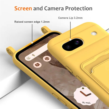 For Google Pixel 8a Case Liquid Silicone Card Holder Phone Back Cover with Lanyard