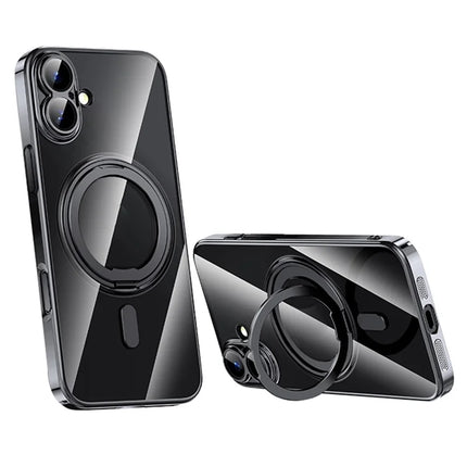 For iPhone 16 Plus Case Compatible with MagSafe Kickstand PC+TPU Phone Cover with Lens Film - Black