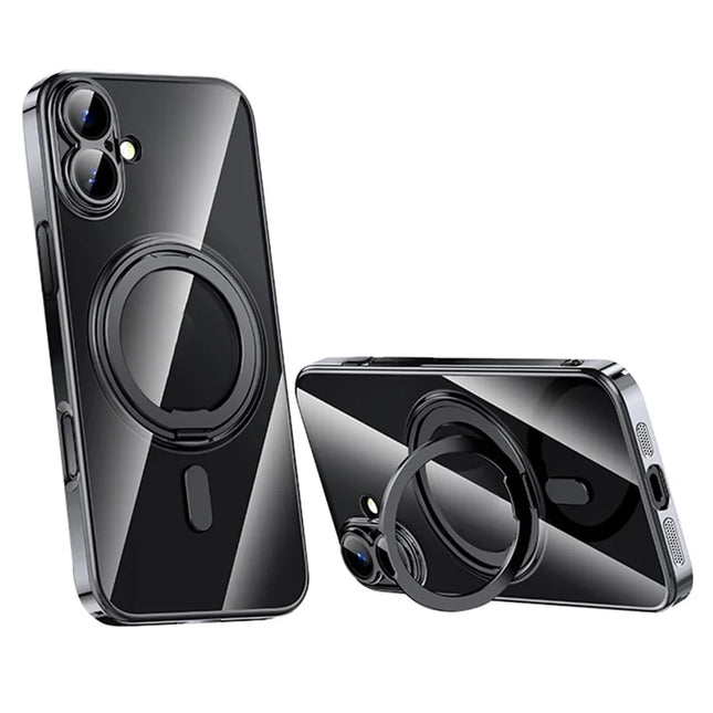 For iPhone 16 Plus Case Compatible with MagSafe Kickstand PC+TPU Phone Cover with Lens Film - Black