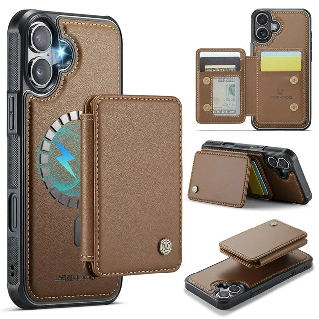JEEHOOD J05 For iPhone 16 Case Leather Mobile Cover with Detachable Magnetic Card Bag - Brown