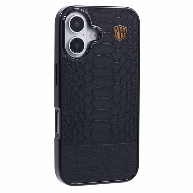 KIGC For iPhone 16 Case Compatible with MagSafe Crocodile Texture PU+PC+TPU Electroplating Phone Cover - Black