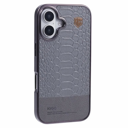 KIGC For iPhone 16 Case Compatible with MagSafe Crocodile Texture PU+PC+TPU Electroplating Phone Cover - Grey