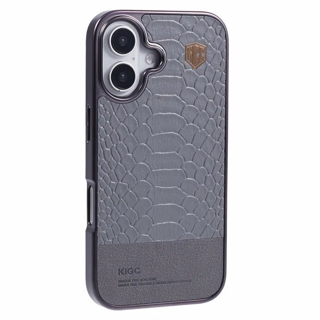 KIGC For iPhone 16 Case Compatible with MagSafe Crocodile Texture PU+PC+TPU Electroplating Phone Cover - Grey