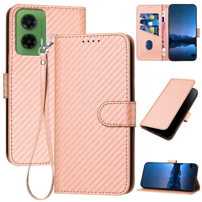 YX0070 For Motorola Moto G35 5G Wallet Case Carbon Fiber Texture Leather Cell Accessories Phone Cover - Pink