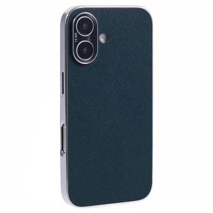 For iPhone 16 Cover Cross Texture PU Leather Coated TPU Cell Phone Case - Midnight Green
