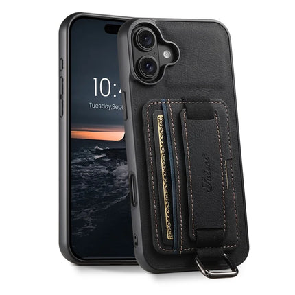 SUTENI H13 For iPhone 16 Plus Case Litchi Texture Leather+TPU+PC Cover with Card Holder Kickstand - Black