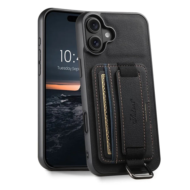 SUTENI H13 For iPhone 16 Plus Case Litchi Texture Leather+TPU+PC Cover with Card Holder Kickstand - Black