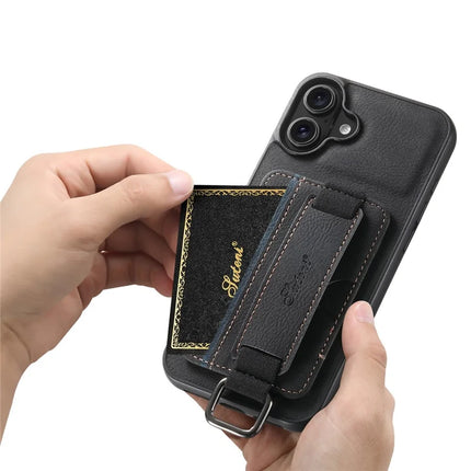 SUTENI H13 For iPhone 16 Plus Case Litchi Texture Leather+TPU+PC Cover with Card Holder Kickstand