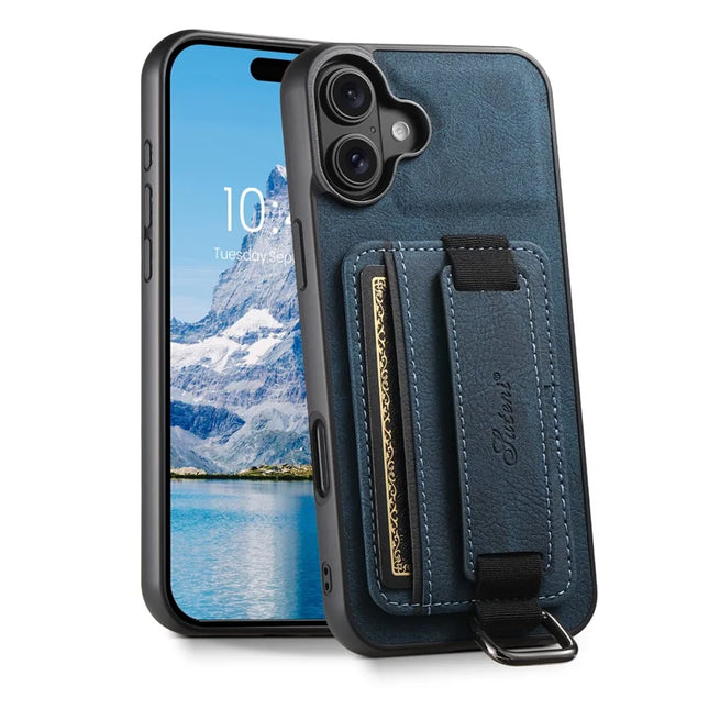 SUTENI H13 For iPhone 16 Plus Case Litchi Texture Leather+TPU+PC Cover with Card Holder Kickstand - Blue