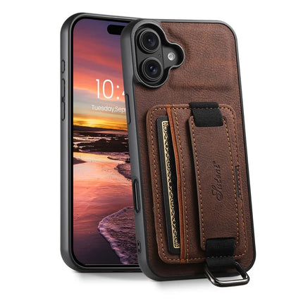 SUTENI H13 For iPhone 16 Plus Case Litchi Texture Leather+TPU+PC Cover with Card Holder Kickstand - Brown
