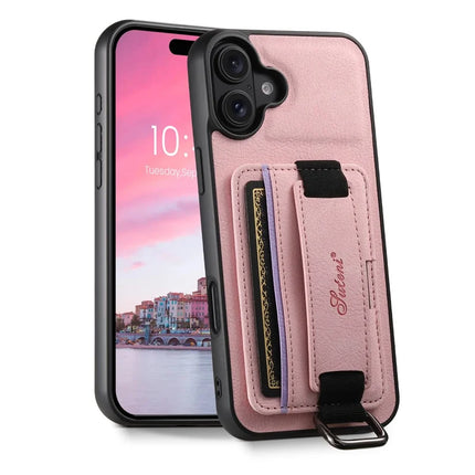 SUTENI H13 For iPhone 16 Plus Case Litchi Texture Leather+TPU+PC Cover with Card Holder Kickstand - Pink