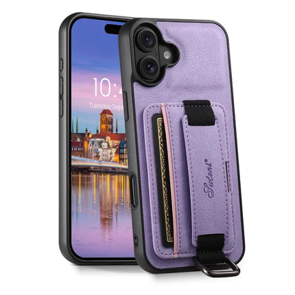 SUTENI H13 For iPhone 16 Plus Case Litchi Texture Leather+TPU+PC Cover with Card Holder Kickstand - Purple
