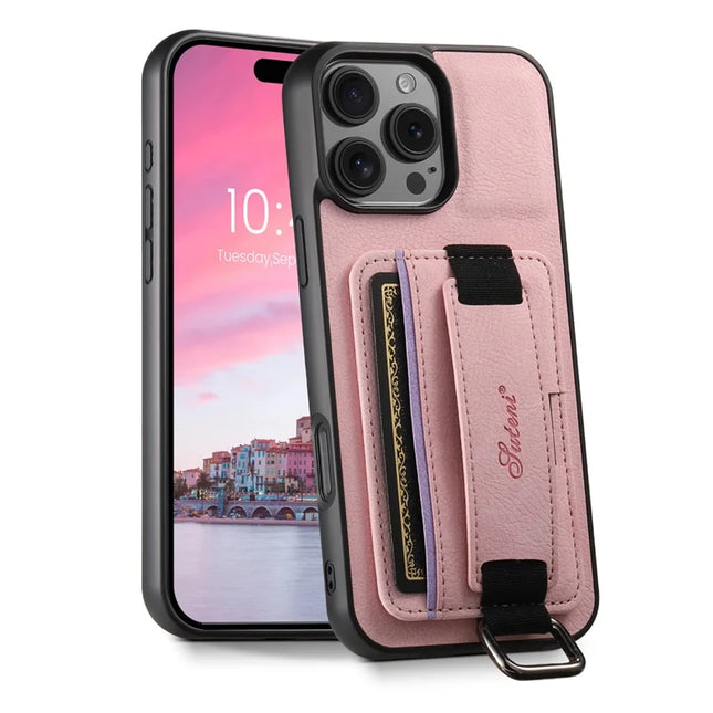 SUTENI H13 For iPhone 16 Pro Max Case Litchi Texture Leather+TPU+PC Cover with Card Holder Kickstand - Pink