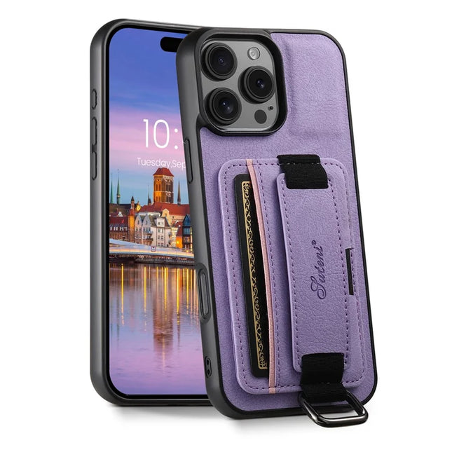 SUTENI H13 For iPhone 16 Pro Max Case Litchi Texture Leather+TPU+PC Cover with Card Holder Kickstand - Purple