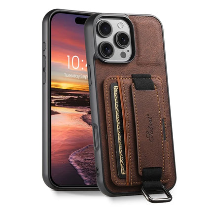 SUTENI H13 For iPhone 16 Pro Max Case Litchi Texture Leather+TPU+PC Cover with Card Holder Kickstand - Brown